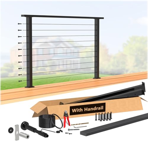 Zylorix 36" Swageless 2-4FT Black Complete Cable Railing System Post Kit with Handrail Cuttable, T304 Stainless Steel, Modular Pre-Cut 1/10" Cable Railing Kit with Level Post Easy DIY for Deck Porch