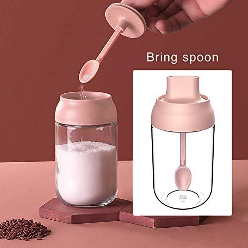 All-Pie Seasoning Box Set of 3 Spice Jars 8.45 oz Salt Sugar Glass Condiment Pots Transparent Storage Container with Spoon, Olive Oil Bottle with Brush, Sealed against moisture (Pink)