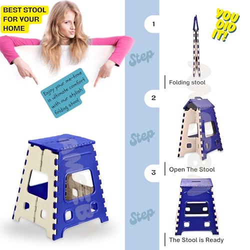 Image of AMEEBA 18 Inch Super Strong Folding Step Stool to Support Adults and Safe Enough for Kids. Opens Easy with One Flip, Great for Kitchen, Bathroom, Bedroom, Kids or Adults (Blue)
