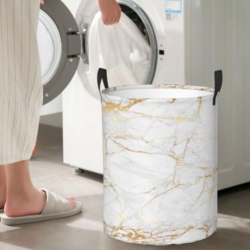 Image of Marble Print Round Laundry Hamper Storage Basket Toys Clothes Organizer Bin For Home Bathroom Bedroom Dorm Nursery, 62l