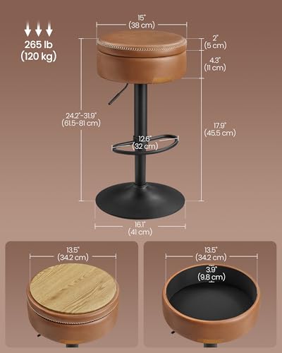 Image of VASAGLE EKHO Collection - 360 Swivel Bar Stool, Height Adjustable Barstool with Storage, Synthetic Leather with Stitching, Mid-Century Modern, Kitchen Bar, Easy Assembly, Caramel Brown ULJB099KN01S