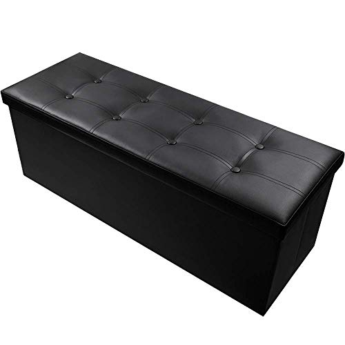 Camabel Baúl Puff Taburete para almacenaje 110 x 38 x 38 cm Almacenamiento Banco Carga máxima 300 kg Almacenamiento Otomano Plegable de Cuero Negro