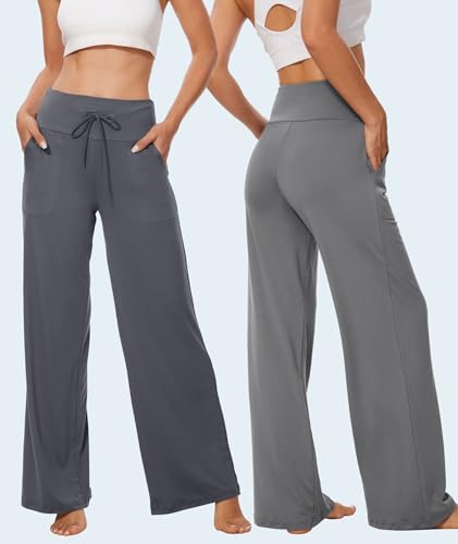 Image of TNNZEET 3 Pack Women's Wide Leg Pants with Pockets - Casual Loose Yoga Trouser Pants Sweatpants Palazzo Lounge Pajama Pants