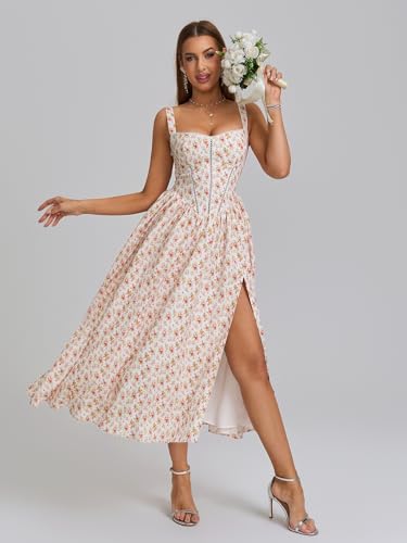 Image of KUTUMAI Floral Corset Midi Dress Flowy Slit Summer Spring Wedding Guest Dresses for Women Sundress with Pockets