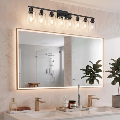 Image of MOKATNG 8-Light Bathroom Light Fixtures, Vanity Light with Clear Glass Shades, Matte Black Bathroom Light Fixtures Over Mirror, Modern Bathroom Wall Lamp for Mirror Living Room Cabinet Bedroom