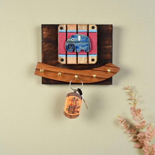 Image of AAKRITI ART CREATIONS Key Holder, Elephant Ellie Key Hanger | Rustic Wood Wall Organizer with 5 Hooks | New Home Gifts | Multifunctional Entryway Decor Item