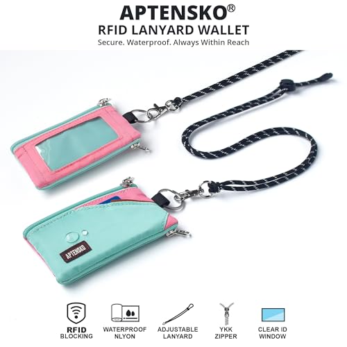 Image of RFID Blocking Travel Wallet with Adjustable Lanyard, Small Nylon Zipper Pouch and Badge Holder for ID, Credit Cards, Cash, Keys, Commuters (Mint Aqua+Pink)