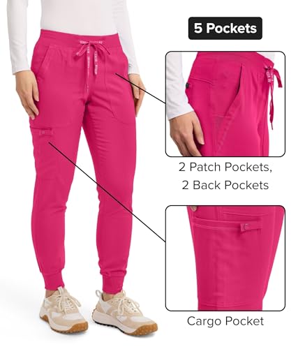 Med Couture Scrub Pants for Women Cargo Jogger Bottoms with 5 Pockets, Lightweight, Ultra Soft, 2-Way Stretch Fabric Plus Size - MC7710, 2XL, Pink Punch