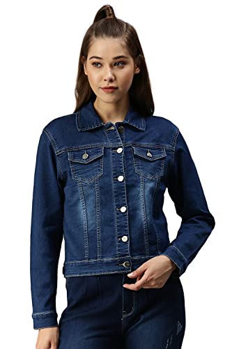 Image of SHOWOFFFF Women Solid Denim Jacket | Spread Collar Full Sleeves Cotton Jacket for Womens | Regular Fit Regular Length Jacket for Women's