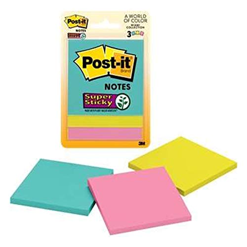 Image of 3M Post-it Super Sticky Notes | 2X Sticking Power | 3 Pads x 45 Sheets | 3 inch x 3 inch | Notes, Reminders, Study, School and organizing | Bright Neon Colours