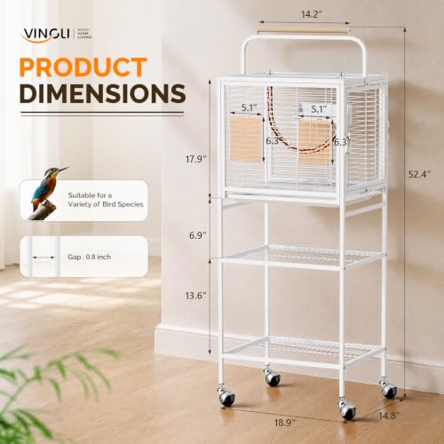 Image of VINGLI Small Bird Cage with Rolling Stang, 52 inch Wrought Iron Parakeet Cage with Wooden Perch and Storage Shelves for Parrot Lovebirds Finches Small /Medium Birds (Black with Stand)