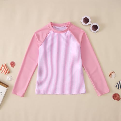 Image of Ritatte Girls Rash Guard Swimsuit 2 Pieces Stripe Bathing Suit Long Sleeve Rashguard Beach Shorts Summer Swimwear 7-12T(Pink,10-11T(150))