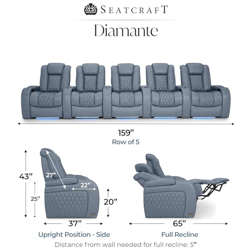 Image of Seatcraft Diamante Smokey Blue Italian Leather Home Theater Seating, Zero Gravity Power Recliner, Gaming and Home Office Chair, Powered Headrest Furniture for Family Cinema Room, Row of 5