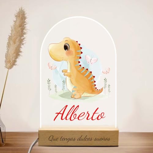 DONDETALLE Luz nocturna personalizada animales Dinosaurio para niños, regalo recién nacido niño, regalos originales bautizos Lampara niña, luz led quitamiedos para mesita de noche DIY nombre, Regalos