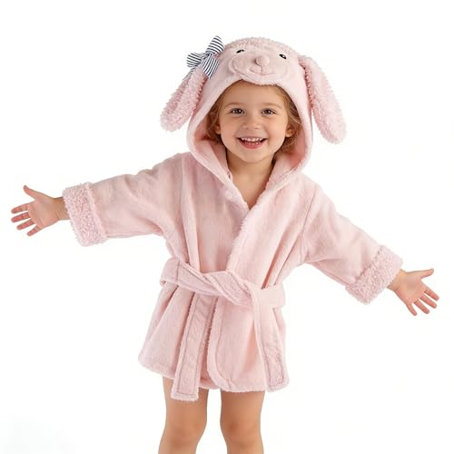 Image of Baby Girl Bathrobes Wash Waddle Pink Sheep Hooded Robe Girls bath robe towel Terry Cotton Ultra Absorbent