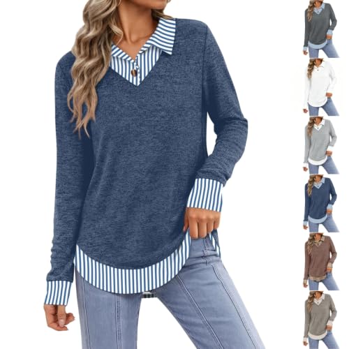 Womens Tops Fake Two Piece Loose Fit Long Sleeve High Low Preppy Shirts - image 1
