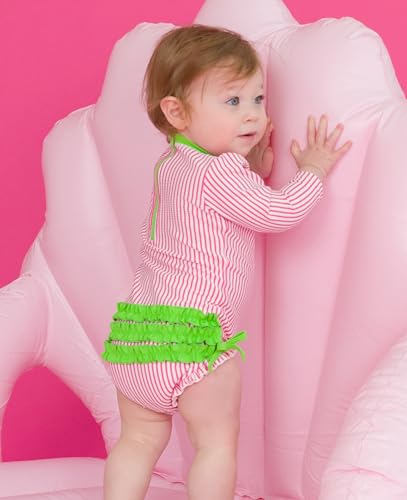 Image of RuffleButts Baby-Girls Seersucker Long Sleeve Rash Guard - One Piece Swimsuit UPF 50+ Toddler