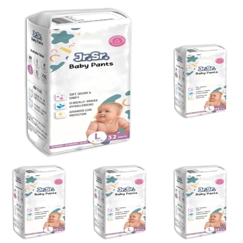 Image of Jr. Sr. Baby Diaper Pants | Large (L) Size (9-14 kg), 32 Count | Pack of 5 | Upto 12 hr Absorption with Advanced Leak Protection | Safe For Babies Skin | Soft, Secure & Comfy