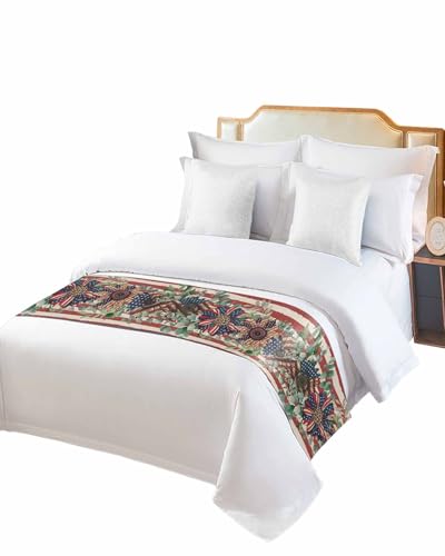 Twin Bed Runner Independence Day Colorful Floral Bedding Runner Scarves Decorative Bed Scarf, Retro Stripes and Stars Soft Bedding Scarf for Bedroom Hotel Wedding 102x20in