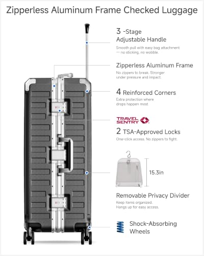Image of LUGGEX Zipperless Checked Suitcase, Aluminum, Charcoal Metallic, 26 inch | Checked Luggage, 100% PC Hard Shell, 8010S Aluminum Frame, 8 Spinner Wheels, TSA Lock, Hard Shell, ZX-Core