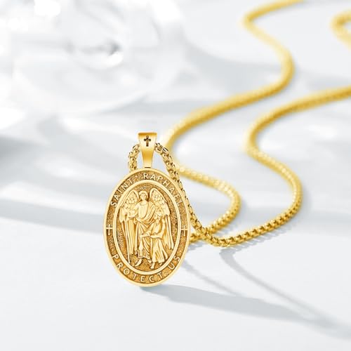 St Raphael Medal Necklace for Men Women, 925 Sterling Silver Patron Saint of Travel Oval Medal Pendant Amulet Religious Jewelry Gifts2