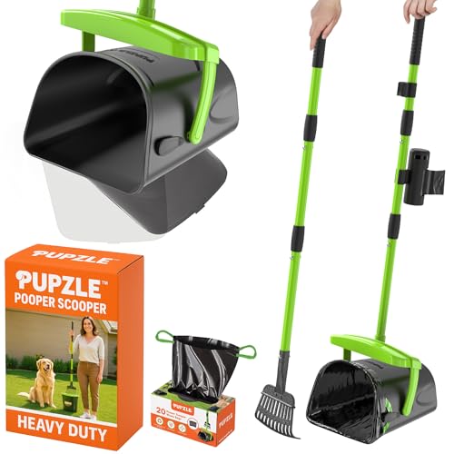 Pupzle Dog Pooper Scooper with Bag Attachment, 40" Long Handle Pooper Scooper for Large Dogs, Dog Poop Scoop for Yard, Large Capacity Swivel Bin and Rake, Lavender Scented Bags (Green)