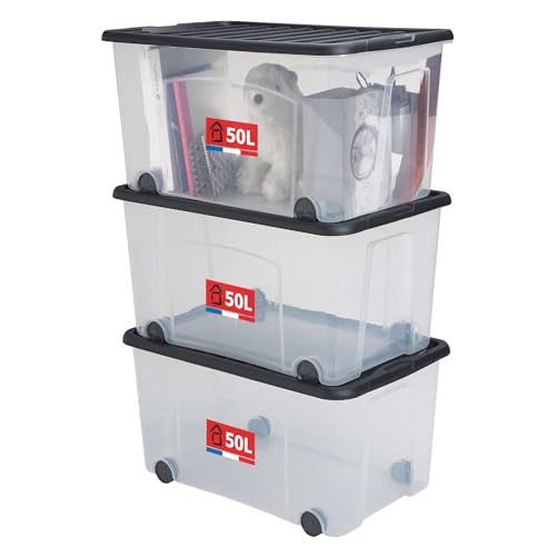 Sundis Ventilo, 3 cajas de almacenaje con ruedas, tapa negro, 50l, plástico transparente, apilables, ideales para guardar dormitorios, juguetes, oficinas, lavandería