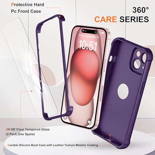 Image of ORETECH 3 in 1 for iPhone 15 Case with 2 x 9H Screen Protector,Purple