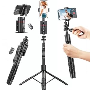 Auto Face Tracking Tripod, 360° Rotation Face Body Tracking Phone Holder, Rechargeable Phone Camera Mount Remote and Gesture Control with Adjustable Selfie Stick Tripod Stand for Phone Camera GoPro