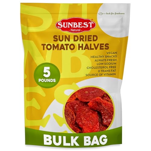 Sunbest Natural Sun-Dried Tomato Halves – 5 lb Bulk Bag (80 oz) – Intense &amp; Zesty Flavor – Moist &amp; Ready to Eat – Kosher, Vegan, Non-GMO – Perfect for Snacking, Cooking &amp; Baking