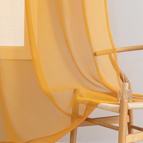 Image of Yellow Sheer Curtains 95 inch Length 2 panels, Rod Pocket Semi Sheer Privacy Curtains, Window Treatments Soft Voile Drapes for Windows Living Room Bedroom French Doors Doorway Divider, 52 inchWx 95 inchL