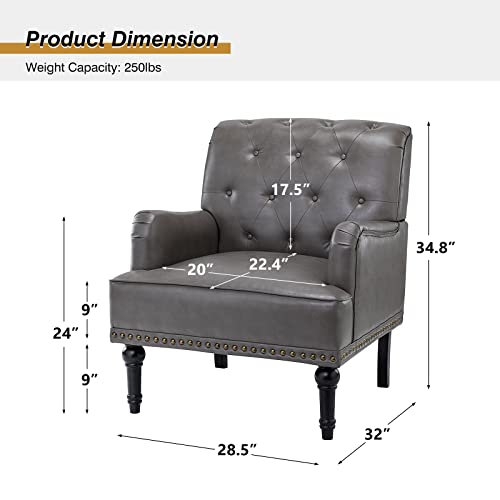 Hulala Home Faux Leather Accent Chair With Button-Tufted Back, Comfy Upholstered Armchair With Nail Head Trim And Retro Wood Legs, Single Sofa Chair For Living Room Bedroom,Grey #TOP1
