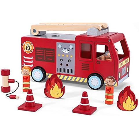 SOKA Wooden Fire Engine Truck with Firefighter Figurines Educational Montessori Blocks Firefight Vehicle Toy Set Gift for Children Kids Boy Girl Ages 3 years old + Cover