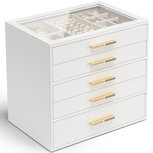 Vlando 5 Layer Jewelry Box for Women, Glass Lid Jewelry Organizer with 5 Drawers for Necklaces Rings Earrings Bracelets - White E. White 5-Layer