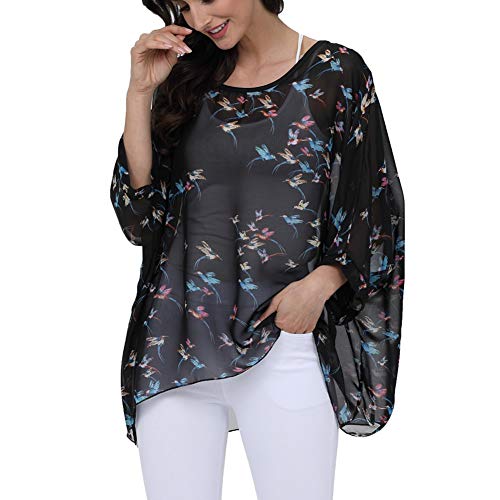 Image of Ckikiou Plus Size Batwing Flowy Semi Sheer Chiffon Blouse Tunic for Women Summer Floral Print Boho Beach Cover ups