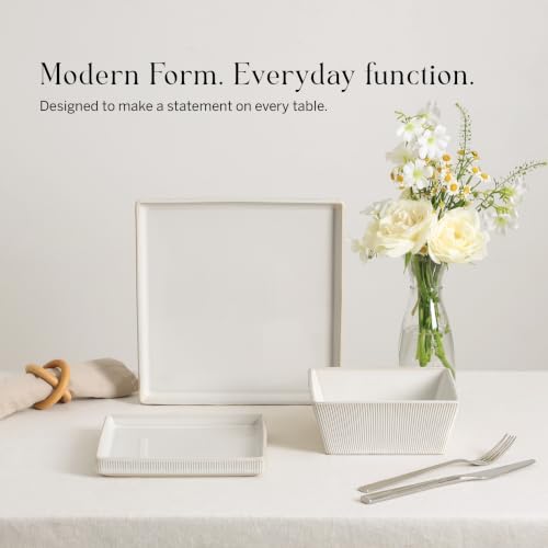Image of Stone Lain Grace Stoneware 24-Piece Modern Square Dinnerware Set, Ribbed Plates and Bowls Set, White