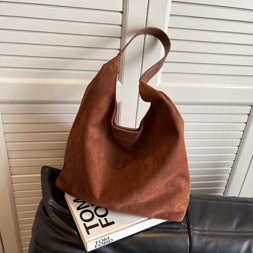 Image of Lushandy Brown Suede Purse Faux Suede Tote Bag Leather Hobo Bags for Women Slouchy Hobo Bag Fall Purse Shoulder Bag