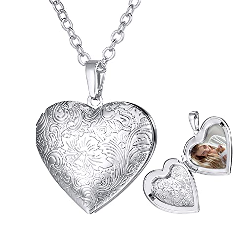 U7 Custom Photo Locket Necklace - Oval & Heart Shaped Locket - Gold/Silver/Rose Gold Personalized Image Necklaces for Women 02-Platinum Flower Heart a