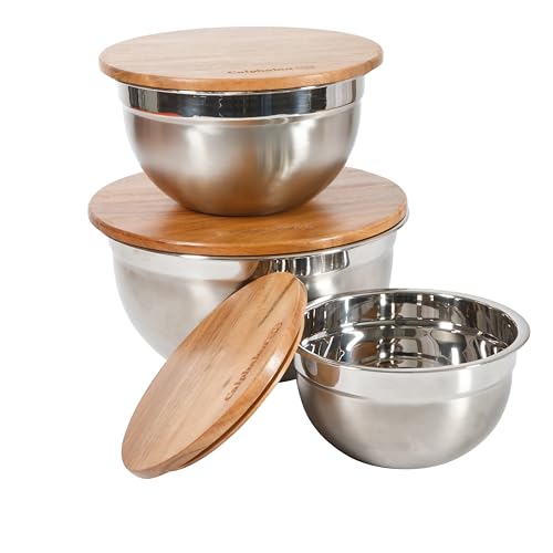 Image of Calphalon Orbit Mixing Bowl Set, 3-Piece Stainless Steel Mixing Bowls(1.5 Qt, 3 Qt, 5 Qt) with Acacia Wood Lids & Non-Slip Base, Kitchen Prep Bowls for Mixing, Serving & Food Storage