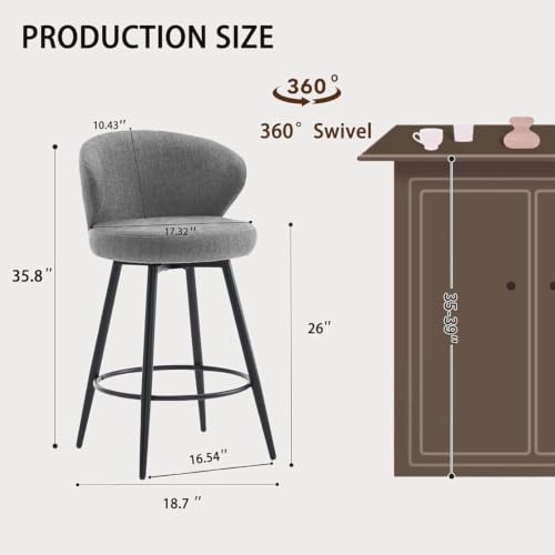 Image of Bar Stools Set of 3, 360 Swivel Breathable Fabric Kitchen Counter Height Stools, 26 inch Upholstered Bar Chair for Kitchen Islands, Restaurant,Grey