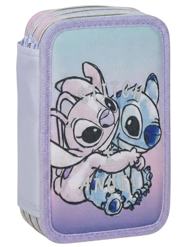 Federmäppchen 3-Fach 44-teilig gefüllt für Stitch und Angel Fan mit Filzstiften Buntstiften Lineal Viola Schulmäppchen Mädchen & Geschenk für Kinder