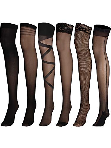 6 Pairs Thigh High Stocking Fishnet Stockings Silicone Lace Top Back Seam Strap Women, Multicoloured, One Size