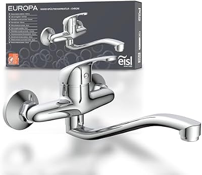 EISL NI161EUCR EUROPA Grifo de pared cromado, mezclador de fregadero de pared 360°, ideal para fregaderos dobles, grifo de pared, grifo mezclador de pared para cocina/fregadero