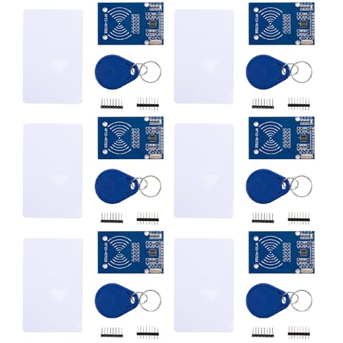 hiBCTR 6-Piece RFID Kit: Mifare RC522 RF IC Card Sensor Module with S50 Blank Cards and Keychains Compatible with Arduino and Raspberry Pi