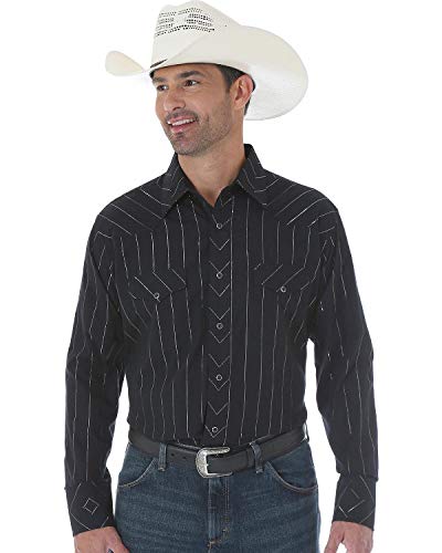 Wrangler Men's Western Silver Edition Two Pocket Long Sleeve Snap Shirt Black,Medium