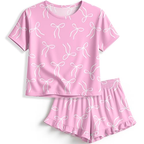 Petite&Me Girls Pajama Set 2 Piece Short Sleeve Top and Ruffle Shorts Soft Breathable Sleepwear Kids Loungewear