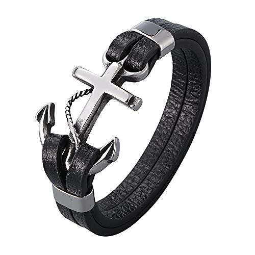 Cross Leather Wrap Bracelet in Stainless Steel for Fashion men,Sturdy Cowhide Leather Bracelet, Classic Designed Black Bangle,Men's Jewelry (BLACK1)