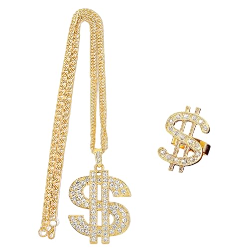 SLEEKEE 1 collar de dólar, 1 anillo, collar de signo de dólar y anillos, cadena de oro hip hop, colgante de payaso, colgante de símbolo de efectivo, cadena de oro, accesorios de joyería rapero.,