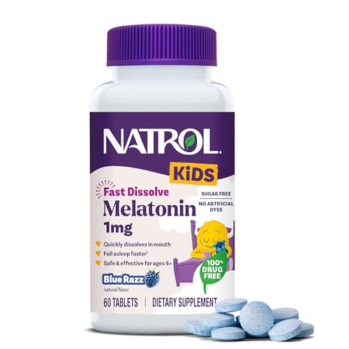 Natrol Kids Fast Dissolve Melatonin 1 mg Dietary Supplement for Restful Sleep Sleep Tablets for Kids 60 Sugar-Free Blue-Razz-Flavored Melatonin Tablets 60 Day Supply