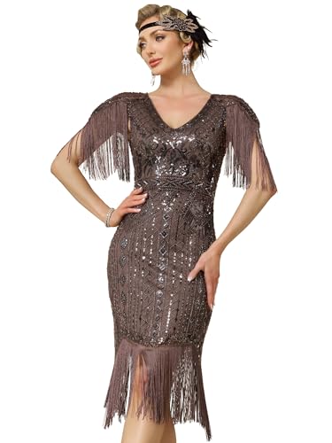 RRYIO Women's Flapper Dresses 1920s V Neck Beaded Fringed Great Gatsby Dress (US, Alpha, X-Large, Regular, Regular, Brown)